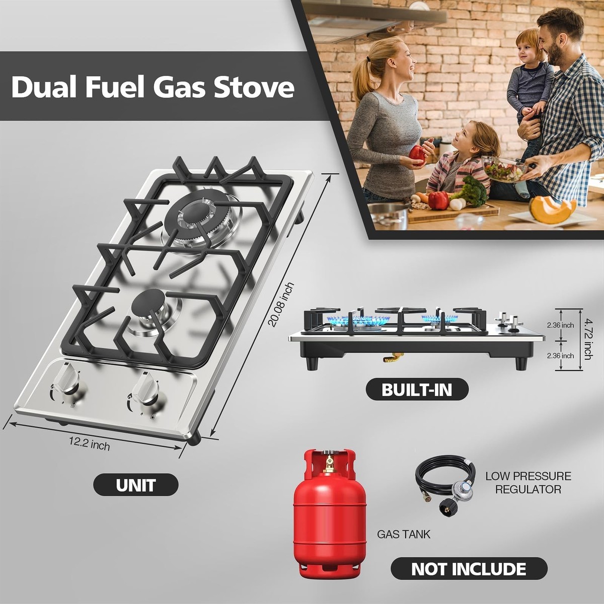 20Inch Gas Stove 2 Burner Top Built-in Stainless Steel Gas Cooktop
