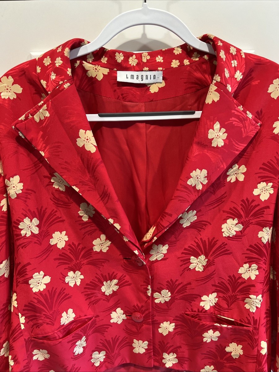 Vintage I Magnin Red Floral Silk Blazer Jacket Size 14 Baron