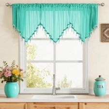 Turquoise Sheer Valance Curtains for Living Room Windows, Teal Boho Crystal