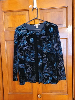 Women s Top Blue Velvet & Floral Glitter Tunic And Blouse Attached Set SZ Medium