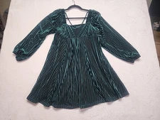 Green Striped Velvet Christmas Mini Dress Square Neck, Poofy Ling Sleeves