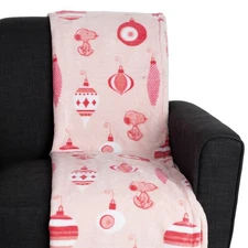 PEANUTS Throw Blanket 60"x70” Snoopy Christmas Tree Ornaments Bulbs Pink NEW