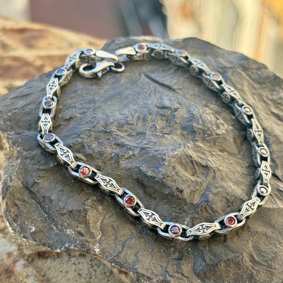 Silver Ruby Gemstone Hand-Engraved Link Chain Vintage Bracelet - Image 3 of 4
