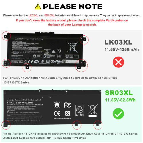 SR03XL Battery for HP Pavilion 15-CX L08855-855 HSTNN-IB8L HSTNN-DB8Q L08934-2B1 - Picture 2 of 12