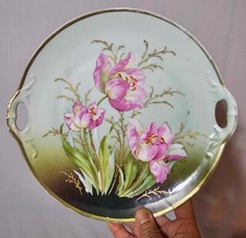 Beautiful Antique vtg Pink Tulip flowers cake plate w/ raised gold 10.75" Signed