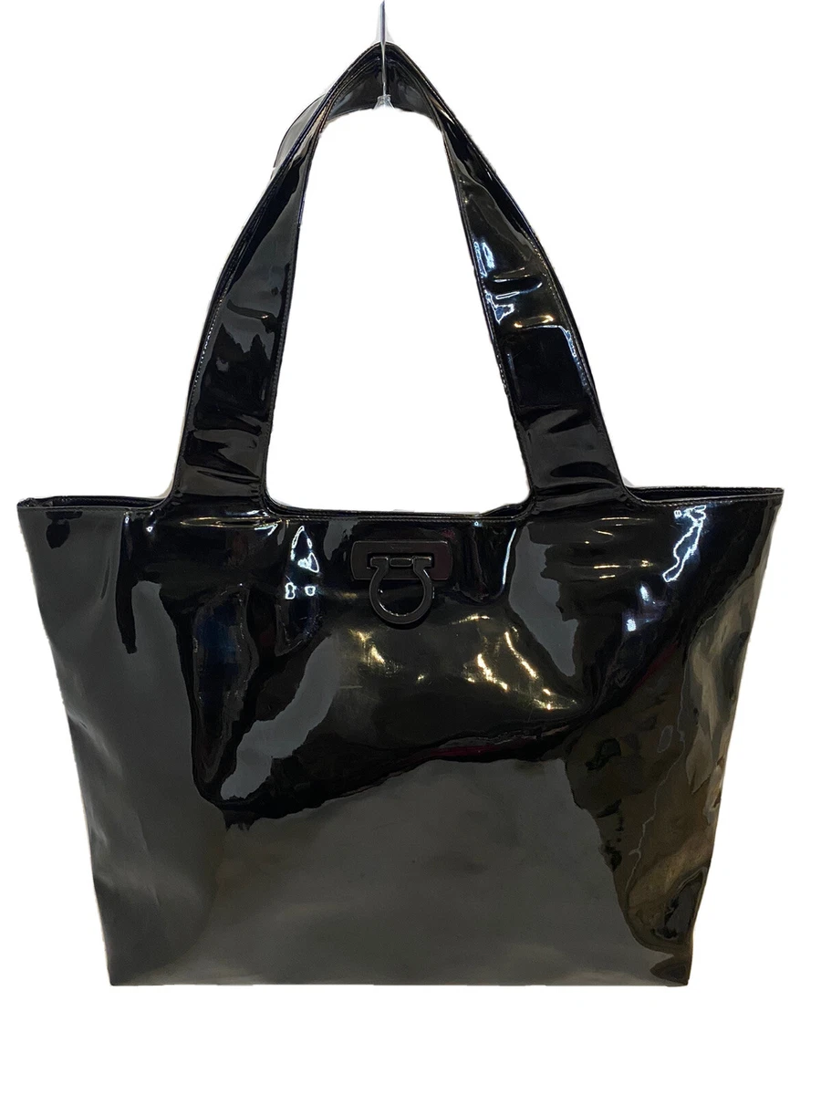 SALVATORE FERRAGAMO Large Black Patent Leather Shopper Tote Bag Italy AU-21 7736