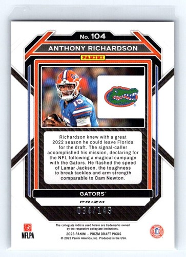 2023 Panini Prizm Draft PURPLE ICE SP /149 #104 Anthony Richardson (RC) COLTS 🔥 - Picture 2 of 2