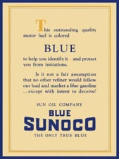 1929 Sun Oil Co. NEW METAL SIGN: Blue Sunoco Gasoline - True Blue!