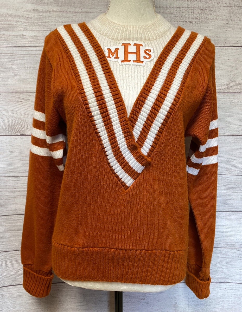 Vintage 60s 70s Cheer Sweater Deep V-Neck Cheerleader Brown