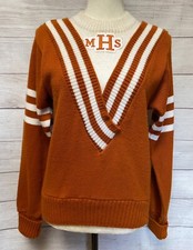 Vintage 60s 70s Cheer Sweater Deep V-Neck Cheerleader Brown/White MHS