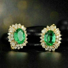 3Ct Oval Lab Created Emerald Diamond Halo Stud Earrings 14K Yellow Gold Plated
