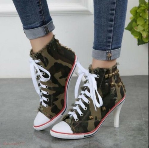 Women's Chic Sneaker Chunky heels Denim New Canvas Lace Up Pumps High Top Hot - Picture 13 of 20