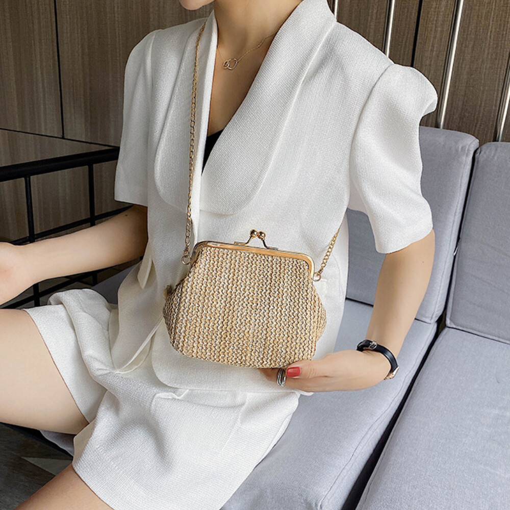 ladies dressing bags Straw Handbag Snap Shoulder Bag Woven Clasp Pouch Shell Shape Chain x-brand:Diesel