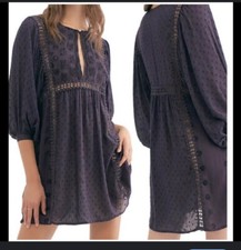 Free People Charlotte Embroidered Tunic Dress Purple boho lace puffed sleeve XS