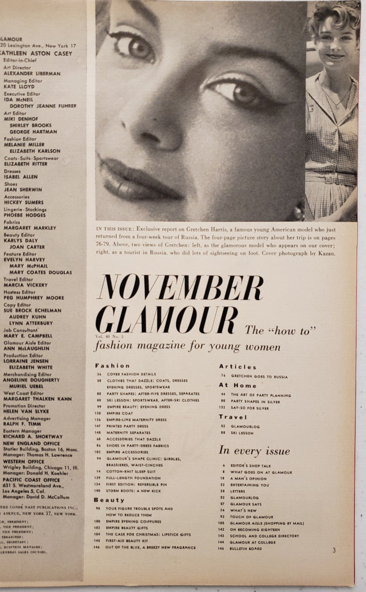 Glamour Magazine November 1958 Gretchen Harris 1950s Fashion