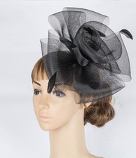 STUNNING BLACK CRINOLINE FASCINATOR WITH  FLOWER, FEATHERS & LOOPS, RACES