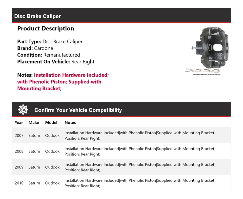 Pinza de freno de disco trasera derecha Cardone 2008 2009 Saturn Outlook 2007-2010 Foto 2 de 4