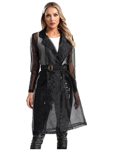 Womens Coat See Through Trench Notch Lapel Jackets Ladies Outerwear Cropped- - Picture 23 of 60