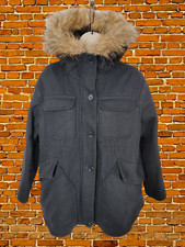Womens Tara Jarmon Size  Uk 8 Black Wool Rich Winter Coat Jacket Faux Fur Hood