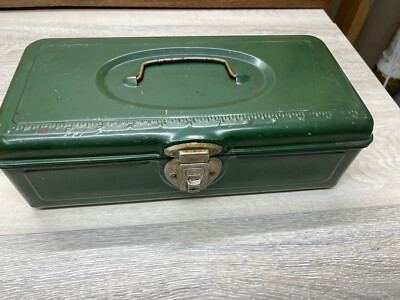 Vintage Metal Fishing Tackle Box With One Shelf - Embossed In Ruler