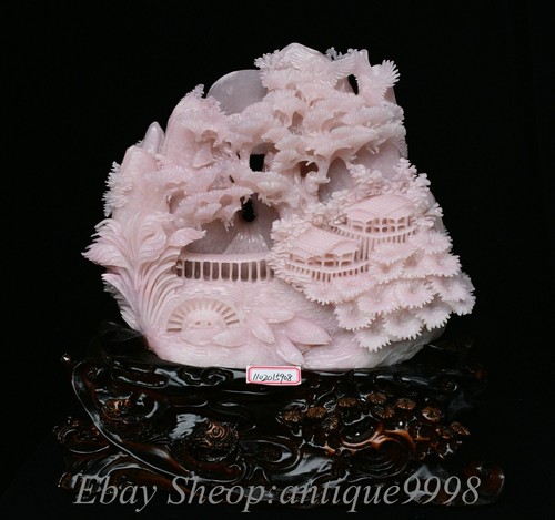 18,1 Zoll chinesische natürliche rosa Xiu Jade Landschaft Baum Wasserrad Haus Statue