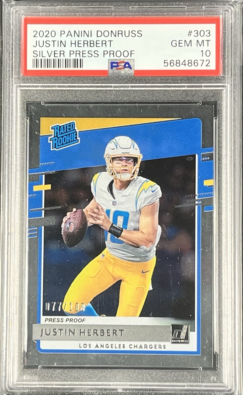 🔥💎POP only 6!! JUSTIN HERBERT 2020 Donruss SILVER Press Proof #/100 PSA 10 GEM