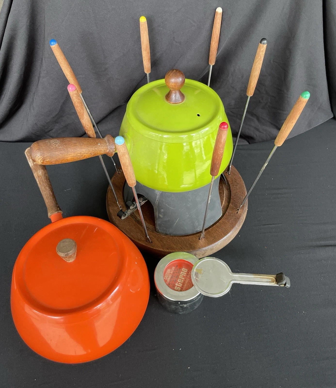 Vintage Fondue Set Mixed Colors Orange Green 2 Pots 8 Forks Wood Base MCM