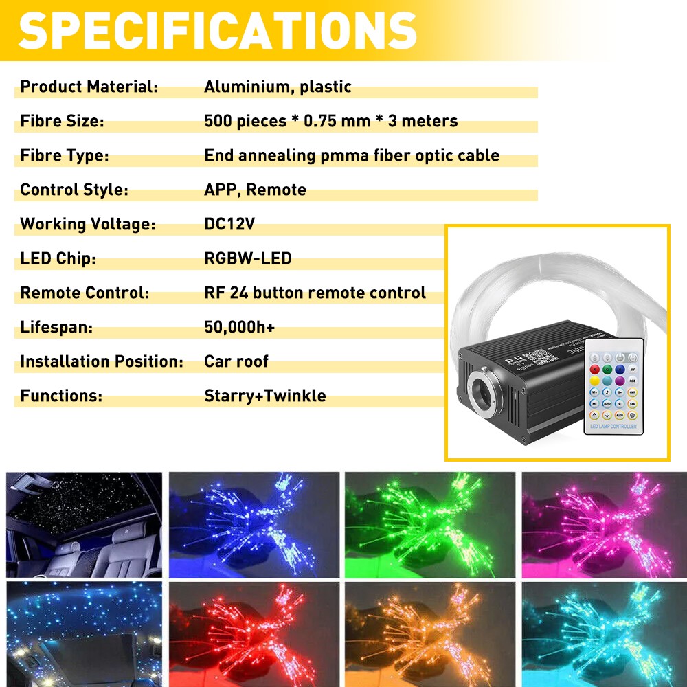 500X Fiber Optical Twinkle Star Starry Ca Headliner Lamps Ceiling Light Roof