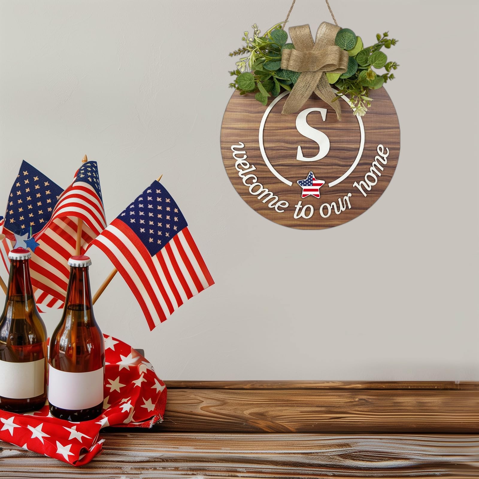 как выглядит Monogram Letter S Welcome Sign Interchangeable Seasonal Wood Wreath Rustic фото