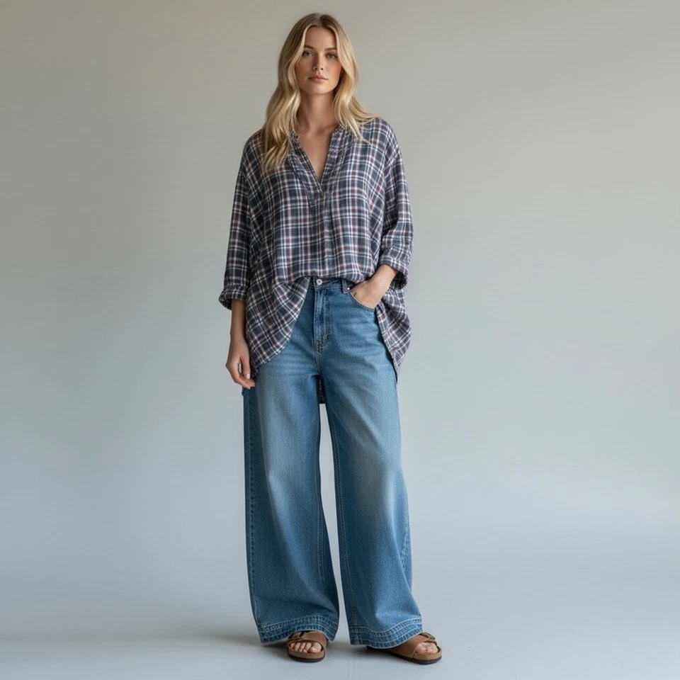 Top túnica CP Shades XL Dakota doble gasa algodón gris a cuadros manga larga Foto 3 de 4