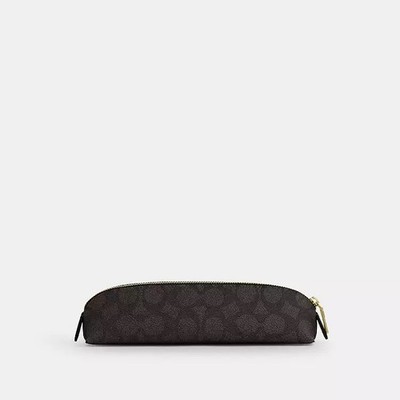 Coach Signature Canvas Brown Pencil Bag Pouch Case Gold-Tone Zipper 8x2x2 in