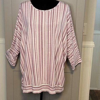 SUSAN GRAVER Weekend 2X Striped Cool Touch Dolman 3/4 S Top w/Smocked Hem Pink