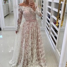 Long Sleeved Off Shoulder Formal Ball Dress with Floral Lace Pleats Evening Gown