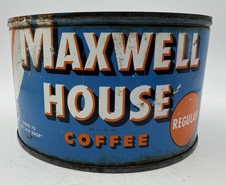 Vintage 1950’s Maxwell House Regular Grind Coffee Advertising 1LB. Blue Tin Can