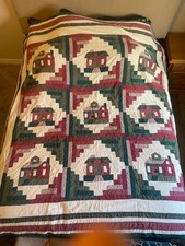 Handmade Patchwork Quilt   Cabin House Pattern with Button Details 79  x 79