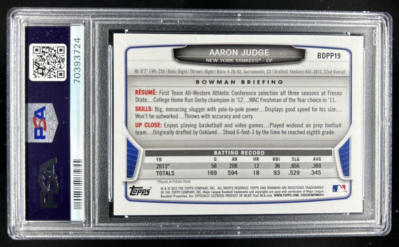 2013 Bowman Draft Picks & Prospects Aaron Judge #BDPP19 Yankees PSA 10 GEM MINT view 2