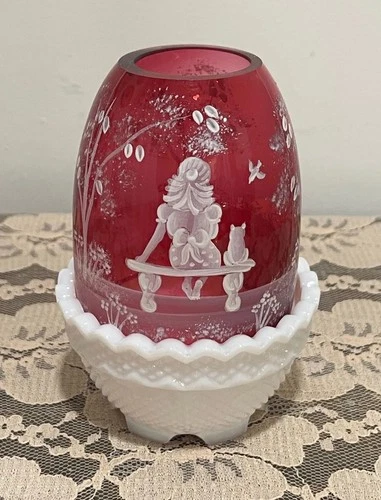 Fenton Cranberry hand painted and signed fairy lamp