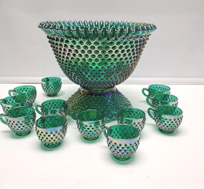 VTG Fenton Green Carnival Glass Ruffle Hobnail Punch Bowl Stand 12