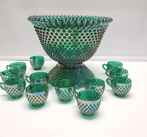 VTG Fenton Green Carnival Glass Ruffle Hobnail Punch Bowl Stand 12 Cups