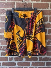 Vintage Quicksilver Boardshorts size 34 Red Orange Yellow Tribal print surf wear