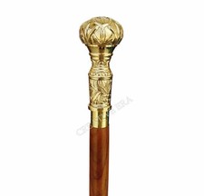Vintage Brass Long Head Handle Brown Wood Walking Stick Cane Antique Style Gift
