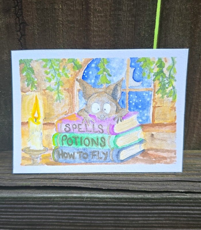 ACEO Original Art Freakin' Bats Series 2 "Study Session" Cute Gothic Bat OOAK