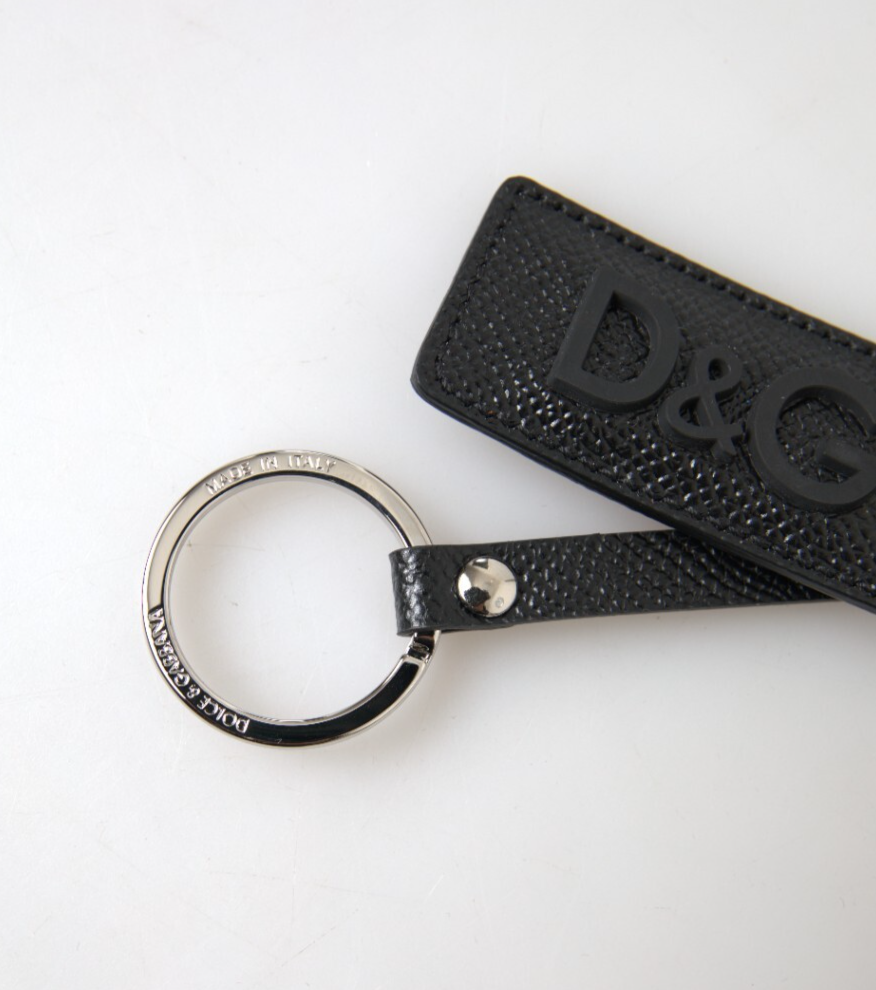 DOLCE & GABBANA Keychain Black DG Logo Leather Silver Metal
