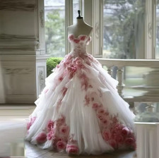 Floral Bridal Dress Sweetheart Off Shoulder Tulle White Pink Prom Gowns Long