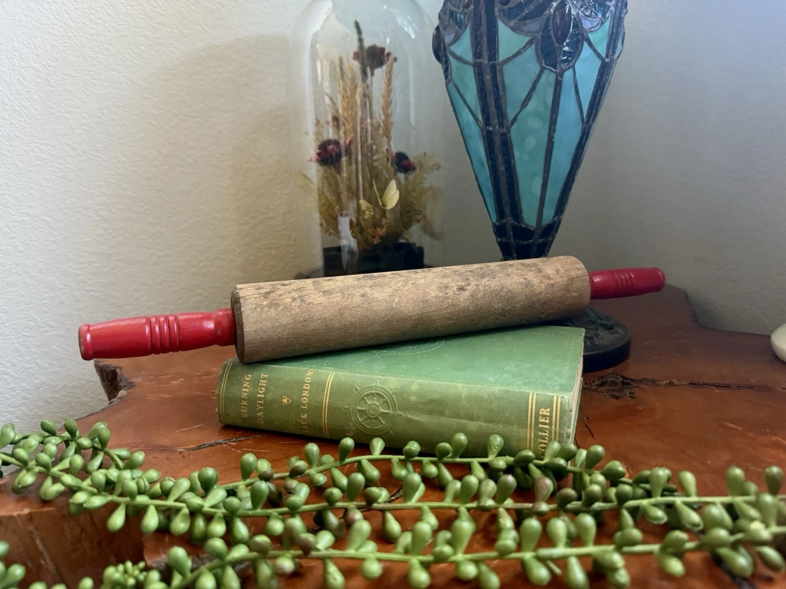 Vintage Rustic Wooden Rolling Pin with Red Painted Handles