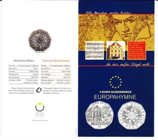 5€ 800er Silbermünze Österreich 2005 Europahymne