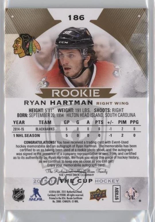 2015 Upper Deck The Cup Gold Foil /24 Ryan Hartman #186 RPA Rookie Patch Auto RC - Image 2 of 2