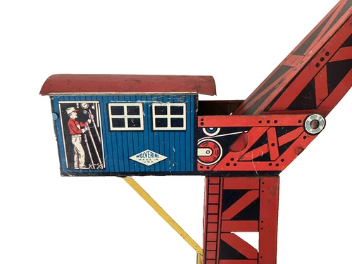 Vintage Wolverine tin litho crane USA old toy loader metal red no. 20 hook