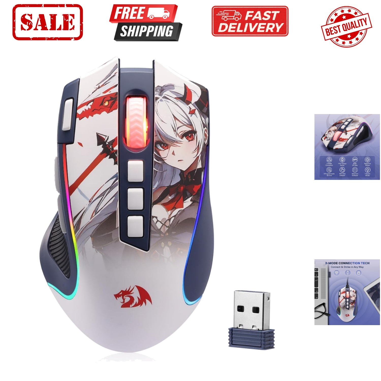 M612AK PRO RGB Anime Gaming Mouse, 8000 DPI Wired/Wireless Optical Mouse with...