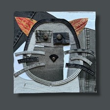 Handmade Denim Cat Art Upcycled Patchwork Black Jeans 11x11 Recycled Fabric